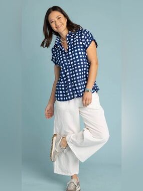 Blue Button-Down Boyfriend Gingham Short-Sleeve Shirt
